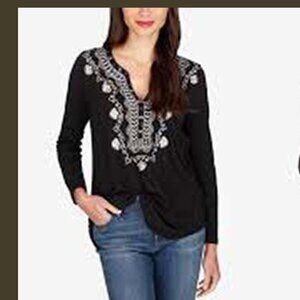 Lucky Brand Black Embroidered V Neck Boho Top XS
